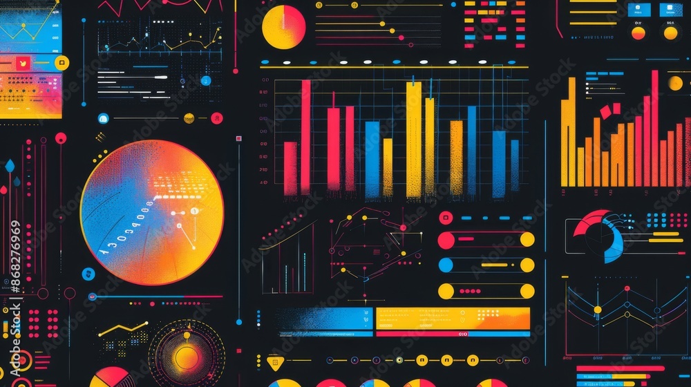 Poster a colorful infographic with various charts and graphs, used for visually representing complex inform