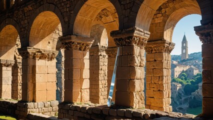 Naklejka premium Stone Archway with View of Church Tower.