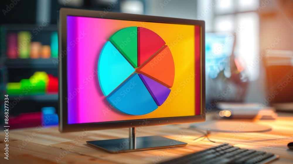 Poster A colorful pie chart on a computer monitor, representing different investment allocations in a diversified portfolio.