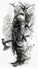 Large Warrior Wizard.  Generated image. A digital illustration of a large warrior wizard standing next to a haunted tree, warrior shaman with an axe, in the style of colorful realistic tattoo.