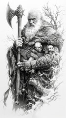 Large Warrior Wizard.  Generated image. A digital illustration of a large warrior wizard standing next to a haunted tree, warrior shaman with an axe, in the style of colorful realistic tattoo.