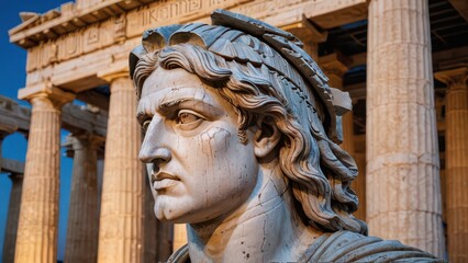 Close-up of a weathered marble statue in front of an ancient Greek temple.