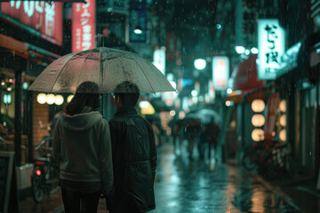 Obraz premium Couple sharing umbrella on rainsoaked street