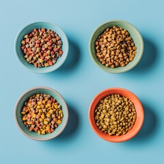 Fototapeta premium Dry Pet Food Set, Cat Diet, Puppy Food Brown Pieces, Dog Meal in Bowls, Pet Dinner Crackers