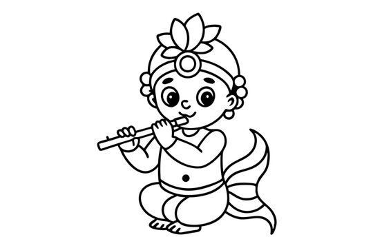 black and white krishna playing flute clip art preview