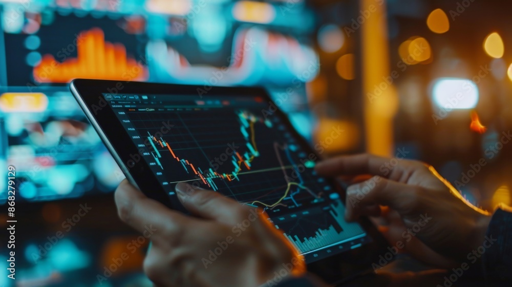 Poster A financial analyst reviewing line graphs on a tablet, focusing on trends and stock market performance.