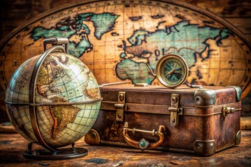 Fototapeta premium Aged world map serves as backdrop for nostalgic travel essentials: intricately crafted compass, worn vintage suitcase, and distressed globe, evoking centuries of adventure.