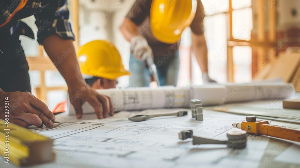 Aufkleber A foreman reviewing blueprints with a team of workers, discussing plans and ensuring the project is on track.