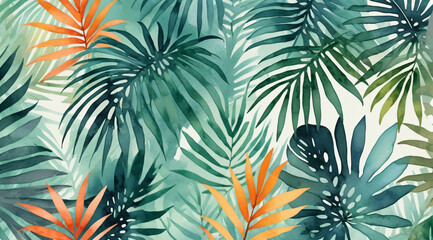Fototapeta premium Abstract background. Leaves tropical, forest. Textured background. Watercolor illustration. modern Art. Wall art, mural, wallpaper