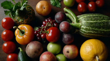 Directly above shot of vegetables and fruits on table, Food photography