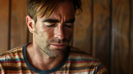Fototapeta premium Contemplative man with shadows on face in a serene setting