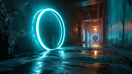 Futuristic blue glowing neon round portal. Sci fi metal construction