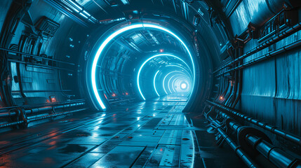 Futuristic blue glowing neon round portal. Sci fi metal construction