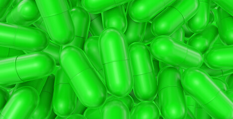 Green capsule, background image of a pile of capsule medicine. Capsules - Minimal Concept