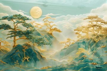 3d modern canvas art mural wallpaper landscape moon, golden christmas trees, colorful mountains