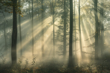 Sunlight filters through fog in misty forest creating an ethereal glow