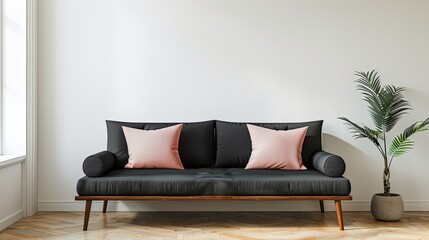 Modern minimalist living room interior with black sofa, pink pillows, and green plant. Concept of home decor, interior design, and Scandinavian style.