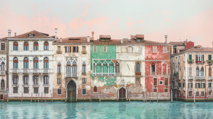 Naklejka premium Venetian Elegance: Italian Flag Mixed-Media Collage of Aged Architecture and Canal Waters at Sunrise