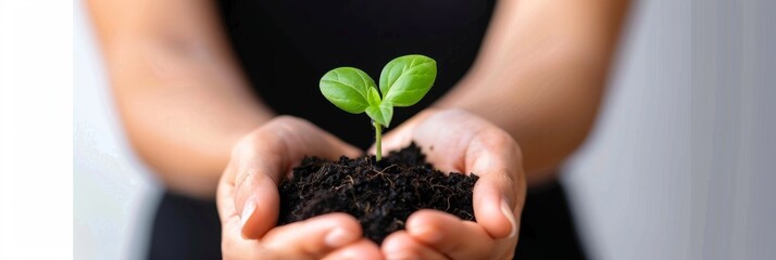 Plant in hands, young sprout, new plant growing in soil, organic farming, environment care, earth day