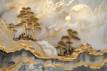 3d modern canvas art mural wallpaper landscape moon, golden christmas trees, colorful mountains