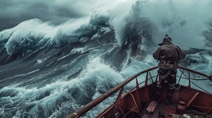 Strong crashing waves. Boat fights storm. Modern steel boat with wooden deck. Fishing boat. Fishing nets. Fisherman at work. tools on deck Storm waves crashed onto the railing.