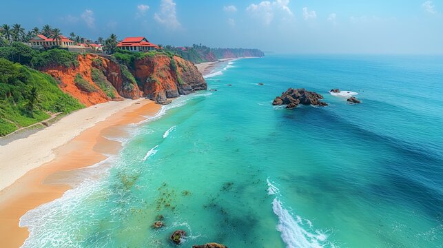 Serene Tranquility at Varkala Beach, Kerala - Minimalist Scene of White Sands, Turquoise Waters, and Cliffs