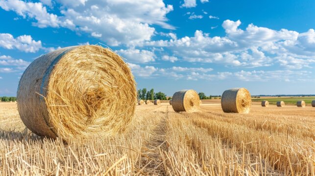 Golden hay bales on a vast farmland under blue sky