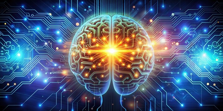 Stylized illustration of a glowing human brain icon surrounded by circuitry elements and subtle light effects, symbolizing intelligence, creativity, and innovation.