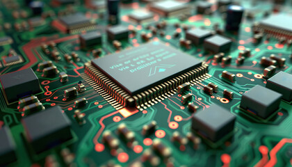 Obraz premium Computer chips are the silent scribes of digital history, recording every bit of information with accuracy: Visualize a computer chip as a scribe writing in a digital book