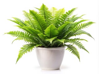 Vibrant green artificial fern in modern white ceramic pot on a transparent background, perfect for interior design, home decor, and e-commerce product visuals.