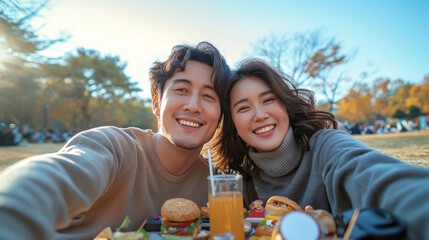 Young Asian couple taking selfie at outdoor picnic, concept of love and happiness, National Girlfriend Day