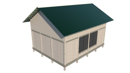 Small Structure House with Concrete Slab Walls, Concrete Panel Columns, Green Zincalume Corrugated Roof, and Metal Doors for Contemporary Residential Design