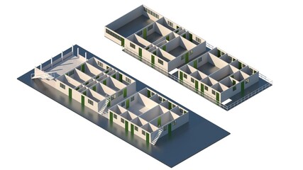 Obraz premium Axonometric Floor Plan of Rooms in Blocks Painted White with Green Accent Doors for Modern Interiors