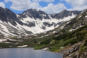 upper blue lake reservoir on a sunny summer day in the blue mesa wilderness area in the rocky mountains near breckenridge, colorado