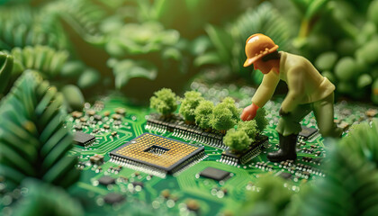 Computer chips are the silent gardeners of digital gardens, nurturing data with care: Depict a computer chip as a gardener tending to a garden of data