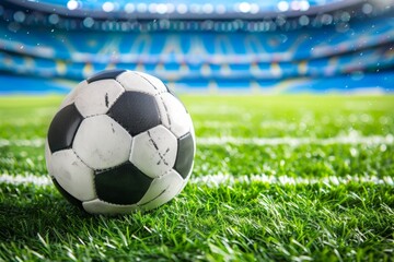 Fototapeta premium Stadium atmosphere during a soccer match with close-up of ball on field