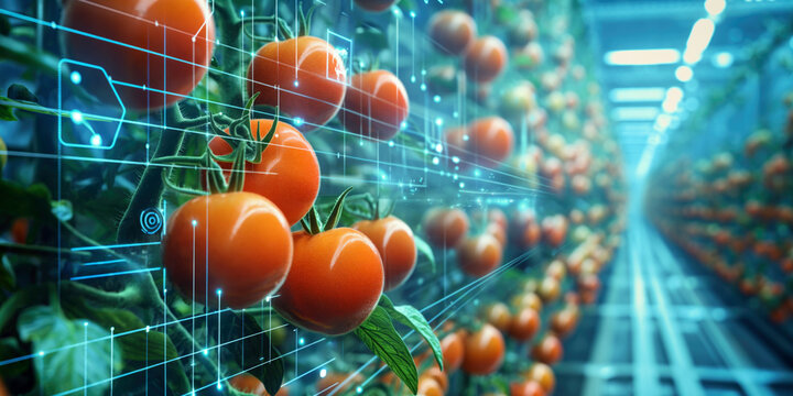 High-tech indoor farming of tomatoes. Digital data screens overlaying ripe tomatoes in a greenhouse, showcasing advanced agricultural technology, precision farming, and IoT.