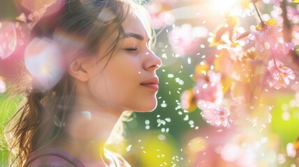 Fototapeta premium A woman enjoys the beauty of spring blossoms in sunlight, surrounded by soft pink and white flowers and a dreamy atmosphere.