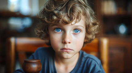 portrait of  boy with wavy hair and blue eyes 