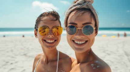 Obraz premium Two friends wearing sunglasses and smiling, enjoying a sunny day at the beach, capturing a moment of summer fun.
