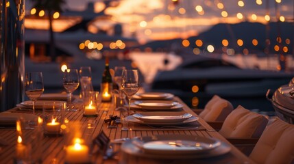 A beautifully set dinner table by the marina with candles, wine glasses, and soft lighting, overlooking yachts at sunset.