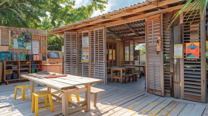 artisan workshop with Bahama shutters that double as bulletin boards for community events, blending utility with community spirit