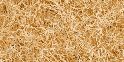 Kraft wrapping paper shredded as a box filler in a seamless pattern. Top view of gift packaging filled with cut craft cardboard or ribbon. Careful delivery of goods and fragile valuable gifts