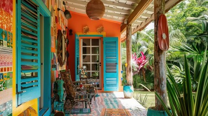 Obraz premium artista??s hideaway with colorful mosaic Bahama shutters, inspiring creativity and imagination