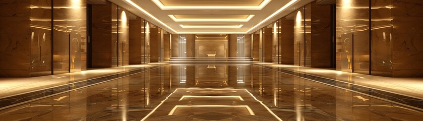 Obraz premium Corporate hallway with Renaissance artwork and sleek, modern surfaces