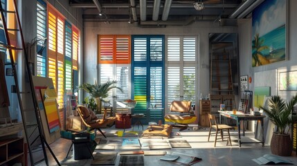 artist's loft with colorful Bahama shutters, reflecting the creativity within