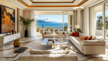 Obraz premium Luxury with a View: Elegant Living Room Overlooking Nice Seaside