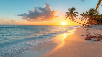 Serene Sunset Beauty at Cayo Santa Maria, Cuba | Tranquil Beach Paradise with Palm Trees and Turquoise Waters