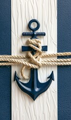 navy blue and white nautical rope with an anchor hanging on the wall, a vertical wooden sign decorated with twine featuring nautical decorations in a coastal home decor style