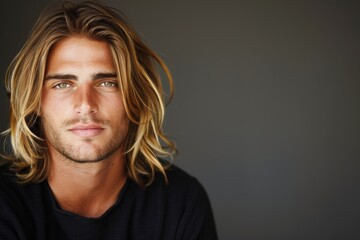 Obraz premium Confident young man with long blonde hair and blue eyes portrait
